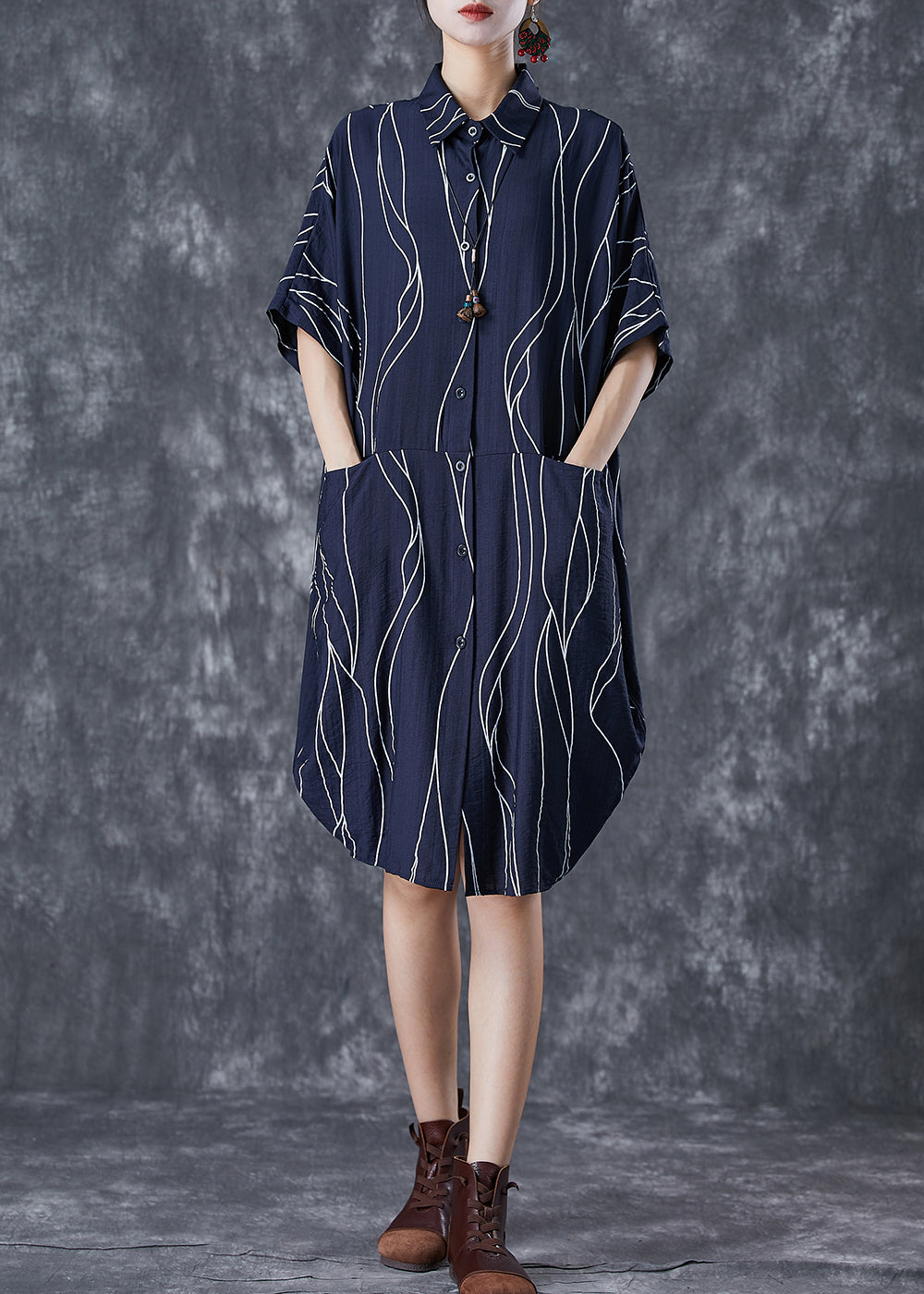 Navy Patchwork Cotton Shirt Dress Oversized Striped Summer