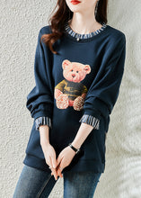 Load image into Gallery viewer, Navy Patchwork Warm Fleece Sweatshirt Bear Print Nail Bead Winter