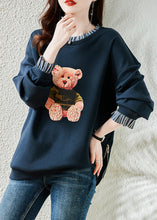 Load image into Gallery viewer, Navy Patchwork Warm Fleece Sweatshirt Bear Print Nail Bead Winter