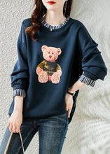 Load image into Gallery viewer, Navy Patchwork Warm Fleece Sweatshirt Bear Print Nail Bead Winter