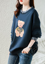 Load image into Gallery viewer, Navy Patchwork Warm Fleece Sweatshirt Bear Print Nail Bead Winter