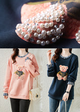 Load image into Gallery viewer, Navy Patchwork Warm Fleece Sweatshirt Bear Print Nail Bead Winter