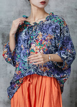 Load image into Gallery viewer, Navy Print Linen Shirts Ruffled Oversized Summer