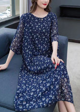 Load image into Gallery viewer, Navy Print Patchwork Loose Chiffon Dresses O Neck Summer