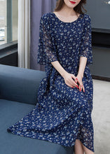 Load image into Gallery viewer, Navy Print Patchwork Loose Chiffon Dresses O Neck Summer