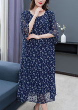 Load image into Gallery viewer, Navy Print Patchwork Loose Chiffon Dresses O Neck Summer