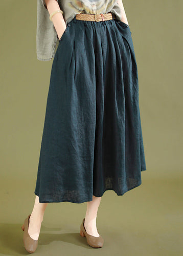 Navy Wrinkled Solid Linen Skirts Elastic Waist Summer