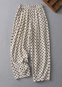 New Apricot Dot Pockets Elastic Waist Cotton Crop Pants Summer