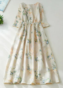 New Apricot Print Lace Up Cotton Long Dress Half Sleeve