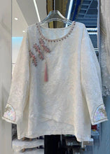 Load image into Gallery viewer, New Beige Zircon Embroidered Cotton Shirt Long Sleeve