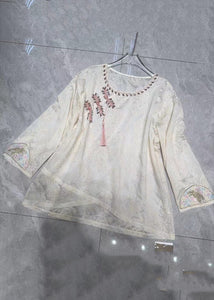 New Beige Zircon Embroidered Cotton Shirt Long Sleeve