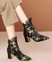 Load image into Gallery viewer, New Black Embroidered Silk Splicing Cowhide Leather Chunky Boots