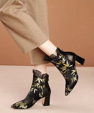 Load image into Gallery viewer, New Black Embroidered Silk Splicing Cowhide Leather Chunky Boots