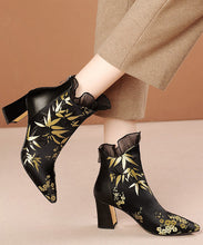 Load image into Gallery viewer, New Black Embroidered Silk Splicing Cowhide Leather Chunky Boots