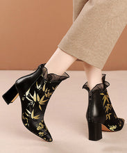 Load image into Gallery viewer, New Black Embroidered Silk Splicing Cowhide Leather Chunky Boots