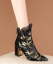 Load image into Gallery viewer, New Black Embroidered Silk Splicing Cowhide Leather Chunky Boots