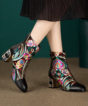 Load image into Gallery viewer, New Black Embroidered Zircon Cowhide Leather Chunky Boots