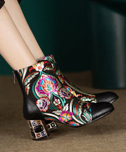 Load image into Gallery viewer, New Black Embroidered Zircon Cowhide Leather Chunky Boots