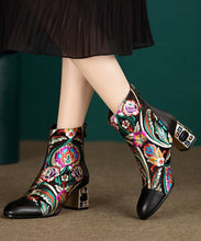 Load image into Gallery viewer, New Black Embroidered Zircon Cowhide Leather Chunky Boots