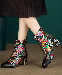 New Black Embroidered Zircon Cowhide Leather Chunky Boots