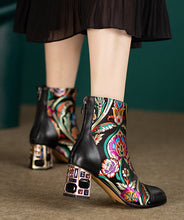 Load image into Gallery viewer, New Black Embroidered Zircon Cowhide Leather Chunky Boots