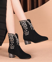 Load image into Gallery viewer, New Black Embroidered Zircon Splicing Suede Chunky Boots