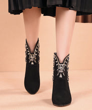 Load image into Gallery viewer, New Black Embroidered Zircon Splicing Suede Chunky Boots