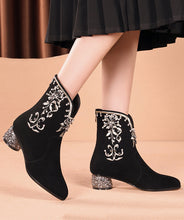 Load image into Gallery viewer, New Black Embroidered Zircon Splicing Suede Chunky Boots