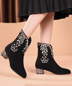 New Black Embroidered Zircon Splicing Suede Chunky Boots