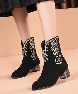 New Black Embroidered Zircon Splicing Suede Chunky Boots