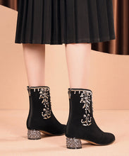 Load image into Gallery viewer, New Black Embroidered Zircon Splicing Suede Chunky Boots