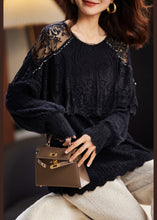 Load image into Gallery viewer, New Black Hollow Out Lace Patchwork Knit Tops Long Sleeve