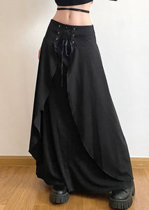 New Black Lace Up Solid High Waist Cotton Skirts Summer