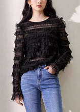 Load image into Gallery viewer, New Black O Neck Solid Lace Top Long Sleeve