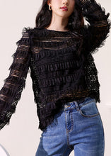 Load image into Gallery viewer, New Black O Neck Solid Lace Top Long Sleeve