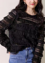 Load image into Gallery viewer, New Black O Neck Solid Lace Top Long Sleeve