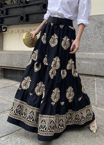 New Black Print High Waist Cotton Maxi Skirts Fall