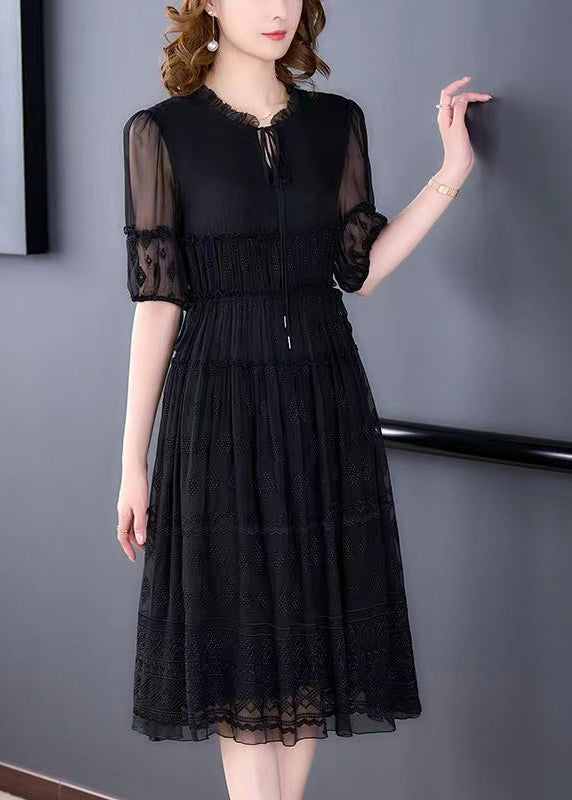 New Black Ruffled Embroidered Lace Up Silk Dresses Summer