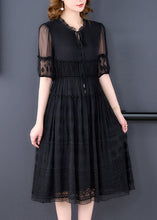 Load image into Gallery viewer, New Black Ruffled Embroidered Lace Up Silk Dresses Summer