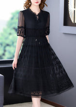 Load image into Gallery viewer, New Black Ruffled Embroidered Lace Up Silk Dresses Summer