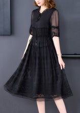 Load image into Gallery viewer, New Black Ruffled Embroidered Lace Up Silk Dresses Summer