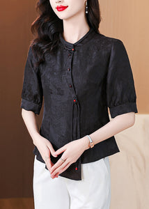 New Black Stand Collar Button Silk Shirt Half Sleeve