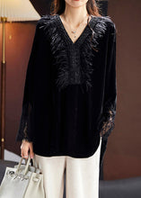 Load image into Gallery viewer, New Black V Neck Nail Bead Patchwork Silk Velour Blouses Long Sleeve