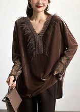 Load image into Gallery viewer, New Black V Neck Nail Bead Patchwork Silk Velour Blouses Long Sleeve