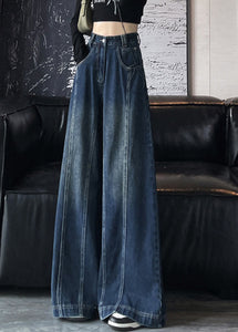 New Blue High Waist Patchwork Denim Wide Leg Pants Spring