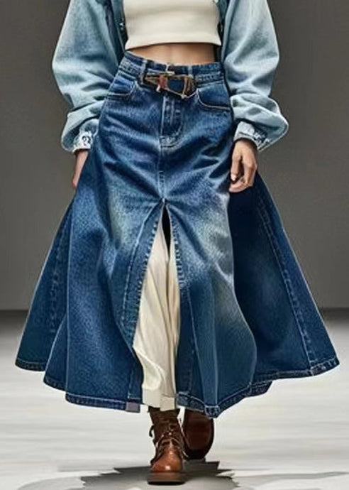 New Blue Pockets Side Open High Waist Denim Skirts Summer