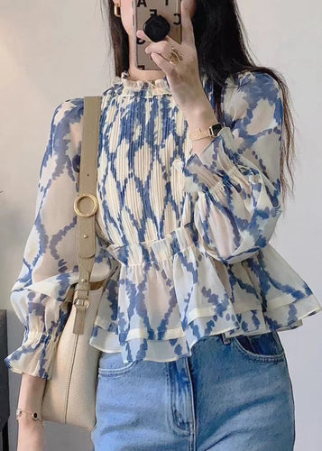 New Blue Ruffled Print Chiffon Blouses Long Sleeve