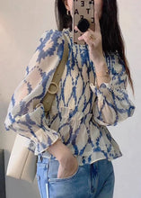 Load image into Gallery viewer, New Blue Ruffled Print Chiffon Blouses Long Sleeve