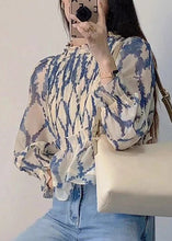 Load image into Gallery viewer, New Blue Ruffled Print Chiffon Blouses Long Sleeve