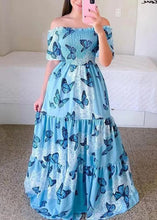 Load image into Gallery viewer, New Blue Ruffled Print Cotton Long Dress Summer